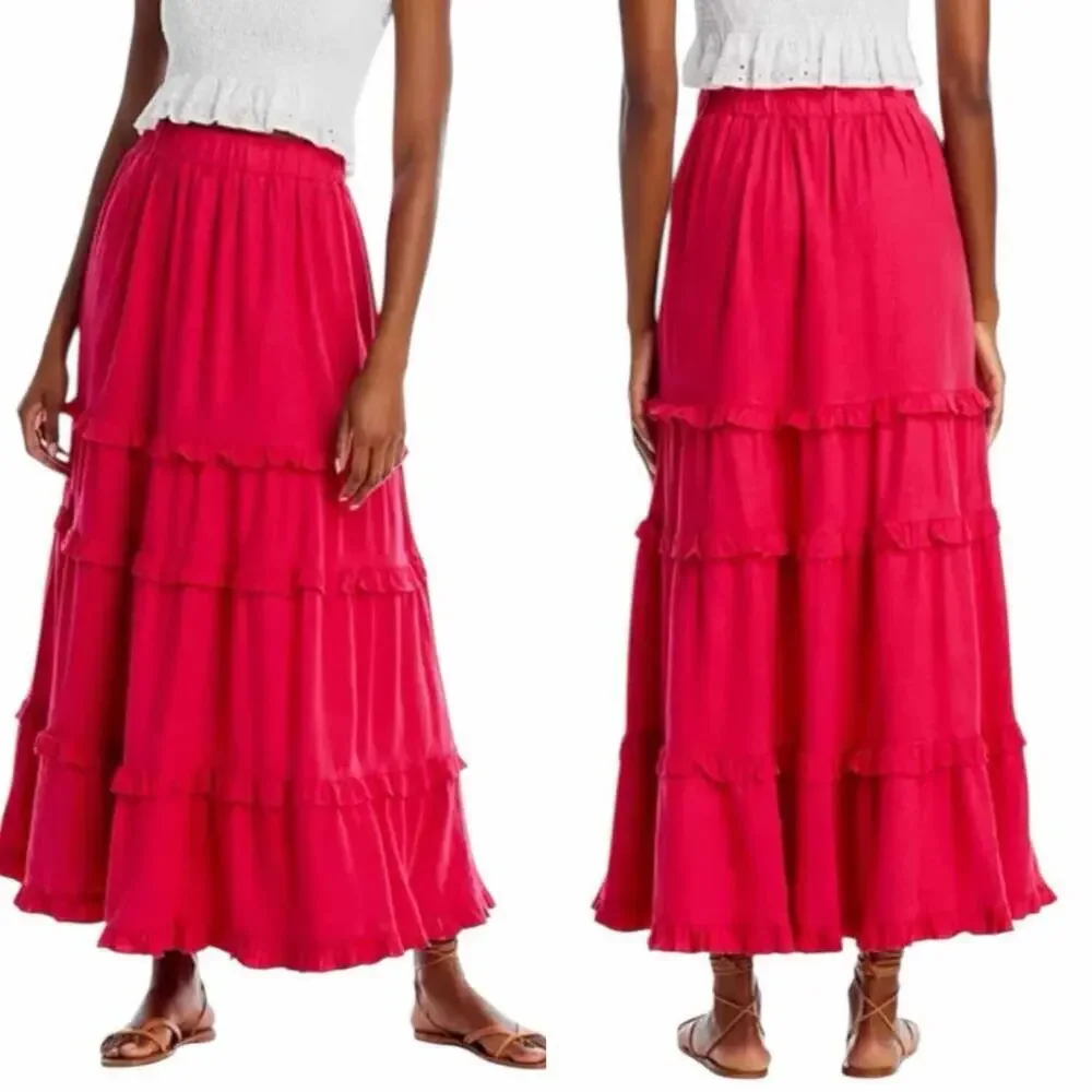 Cupio Ruffle Tiered Maxi Modest Linen Blend  Skirt Size Medium Elastic Waist